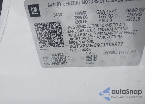 2018 GMC Sierra 1500 Sle z USA, uszkodzony, nr VIN 2GTV2MEC9J1105877